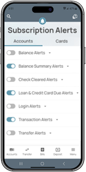 Cell phone screen with all available Account Subscription alerts: Balance Alerts, Balance Summary Alerts, Check Cleared Alerts. Loan & Credit Card Due Alerts, Login Alerts, Transaction Alerts, Transfer Alerts.